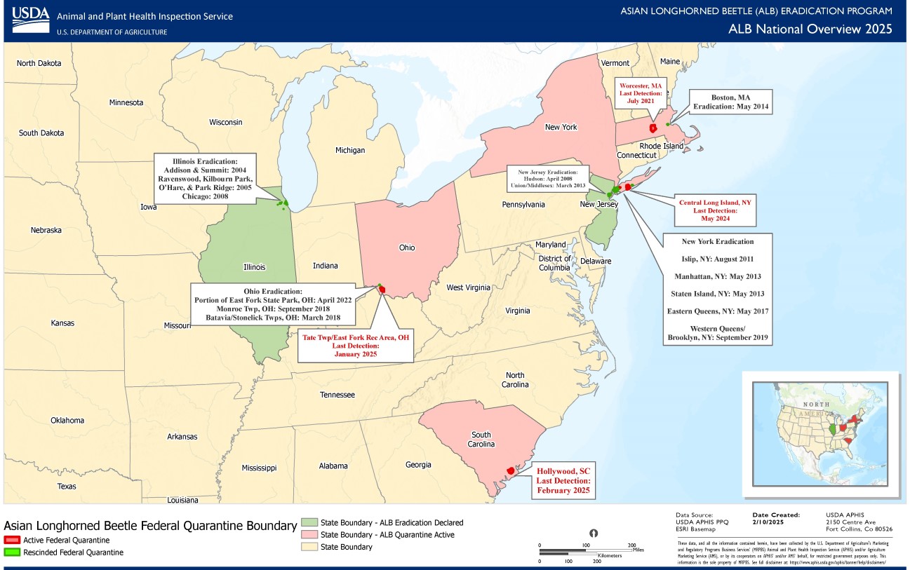 North American map of Asian longhorned beetle finds, USDA Forest Service