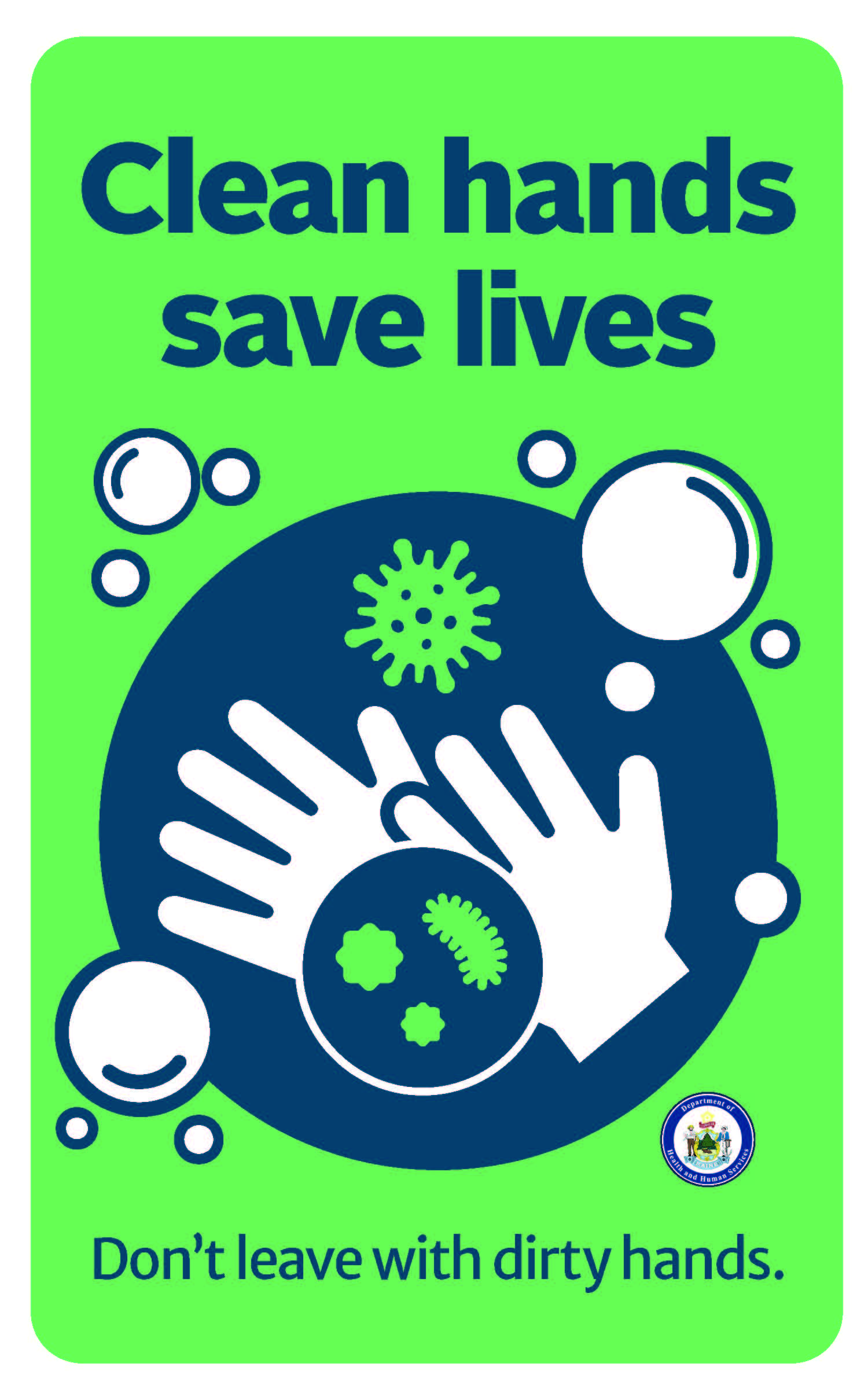 Image of hands and germs: Clean hands Save lives.