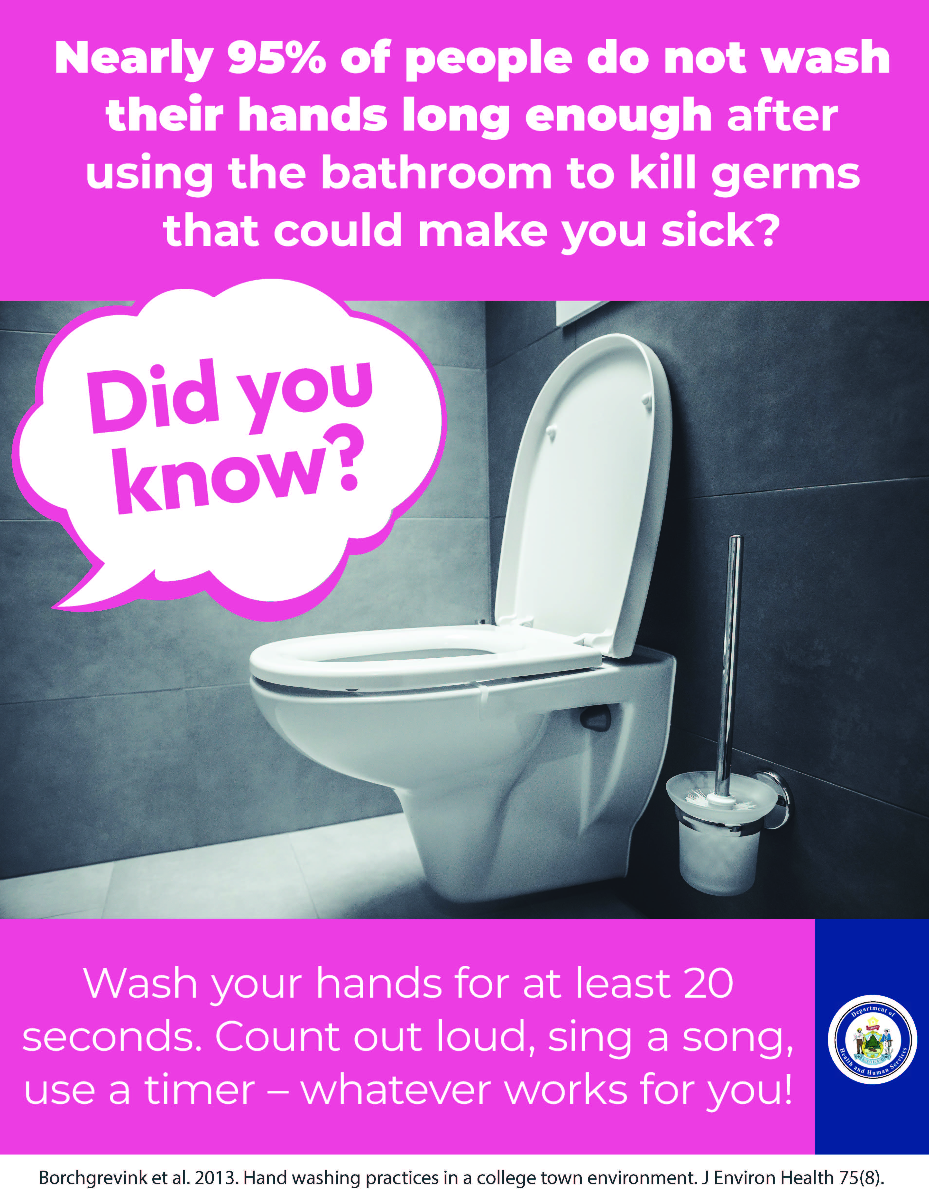 Image of a toilet with facts about washing your hands to kill germs.