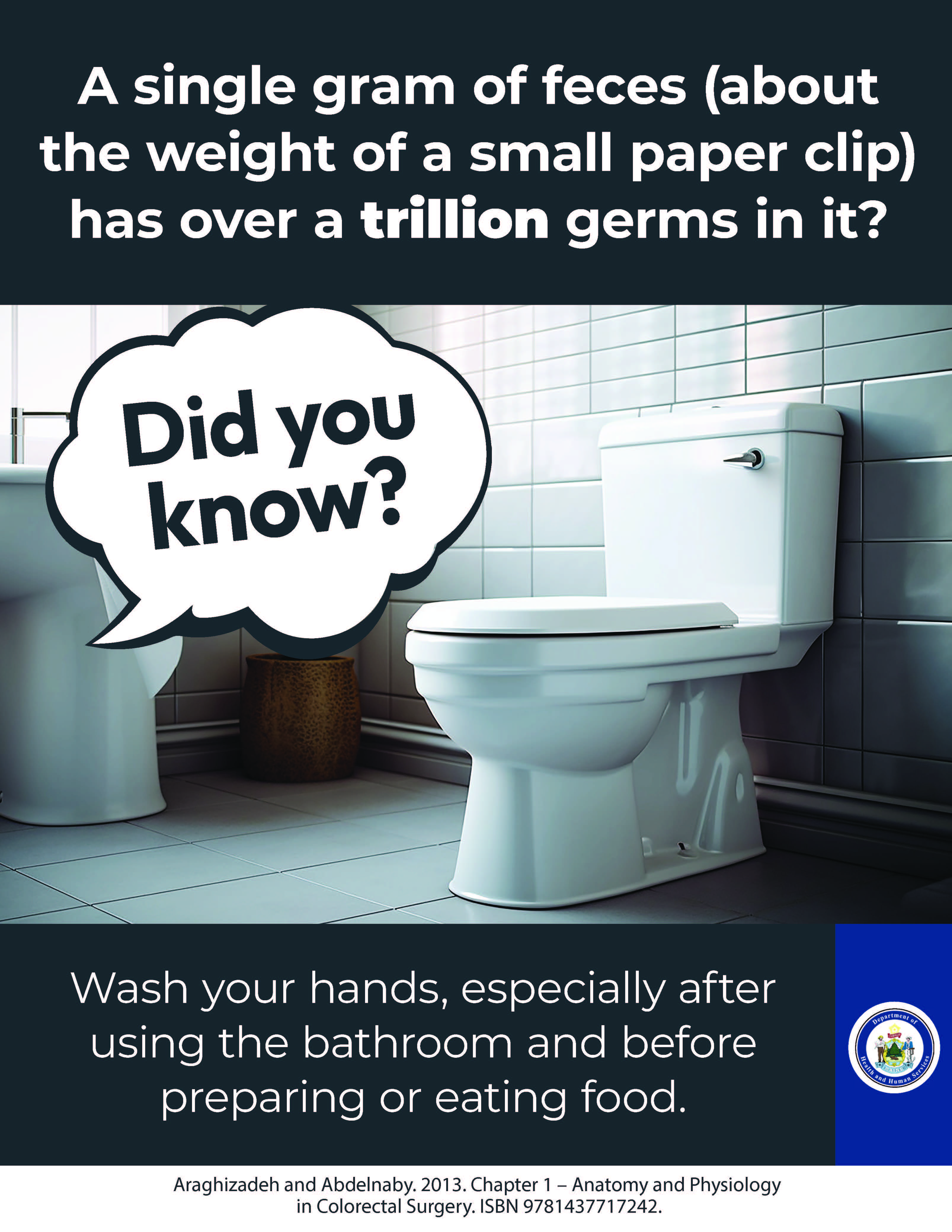 Image of a bathroom toilet with facts about germs in the bathroom. 